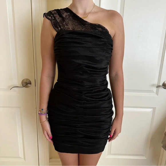 Vintage Jessica McClintock sz 8 One Shoulder Lace Cocktail Dress Ruched Stretch - Picture 2 of 16